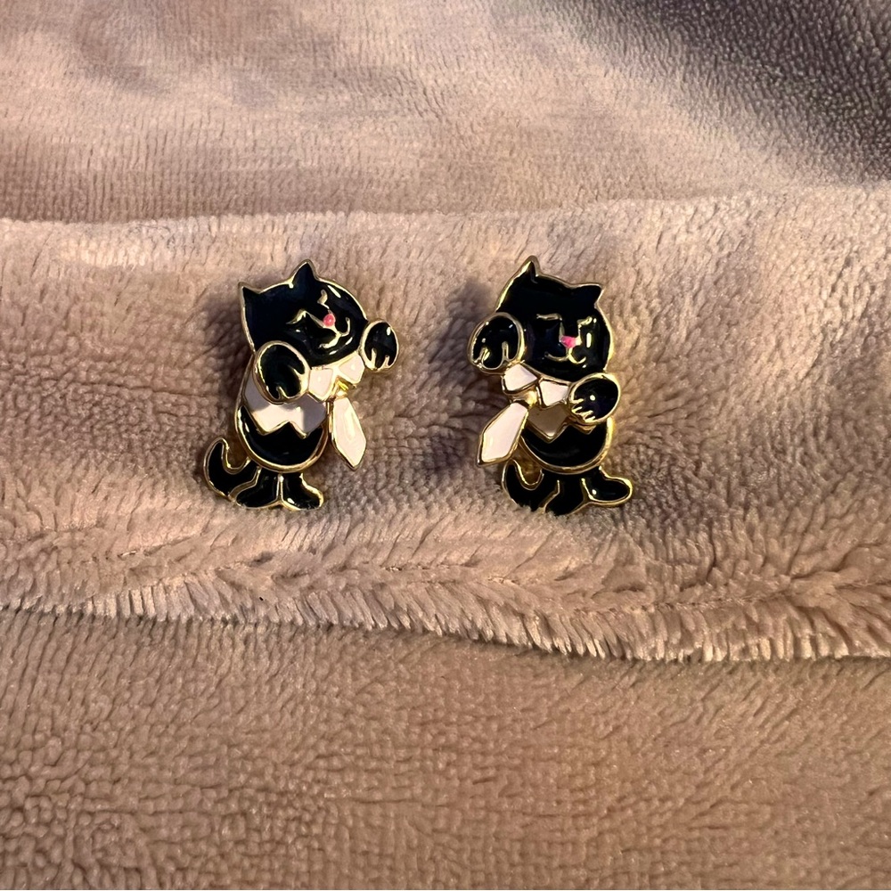 Front-Back Dangle Earrings with Small Black and White Enamel Cat